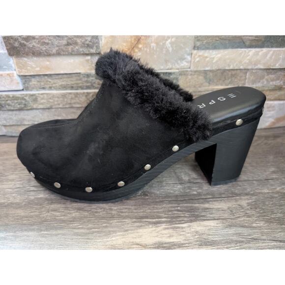 Esprit Black Platform Wina Clogs Studded Faux Fur Trim Suede Size 10 M - Picture 1 of 10